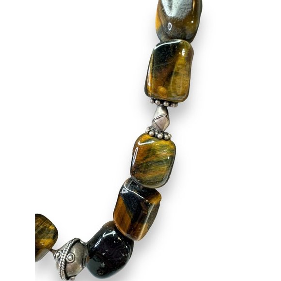 Heavy Sterling Silver Chunky Tigers Eye Necklace Hook Clasp 20” - Picture 3 of 8